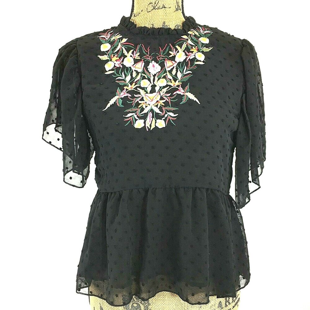 NEW Haute Rouge Top‎ Med Black Swiss Dot Boho Colorful Embroider Peplum